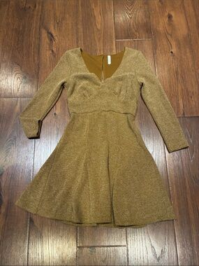 Free People Metallic Gold Long-Sleeve Fit & Flare Dress